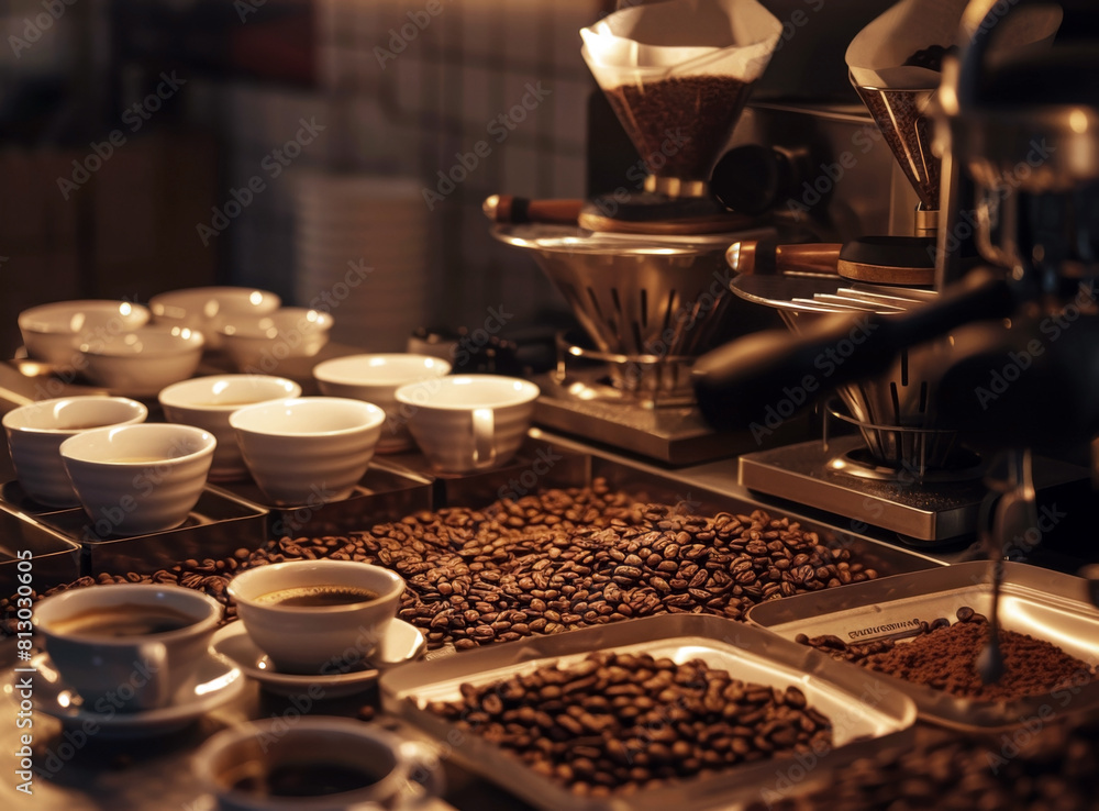 Artistic coffee brewing station with an array of beans, grounds, and cups, bathed in soft light, epitomizing the artisan coffee experience. Artistic coffee brewing station with an array of beans, grounds, and cups, bathed in soft light, epitomizing the artisan coffee experience.