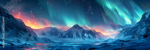 Vivid Northern Lights Dance Over Snow Capped Mountains Creating a Mesmerizing Winter Landscape: Photo Realistic Aurora Over Snowy Mountains Stock Concept