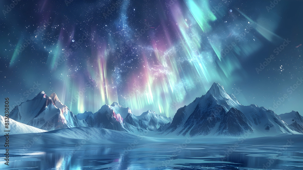 Vivid Northern Lights Dance over Snow Capped Mountains in Mesmerizing Winter Landscape