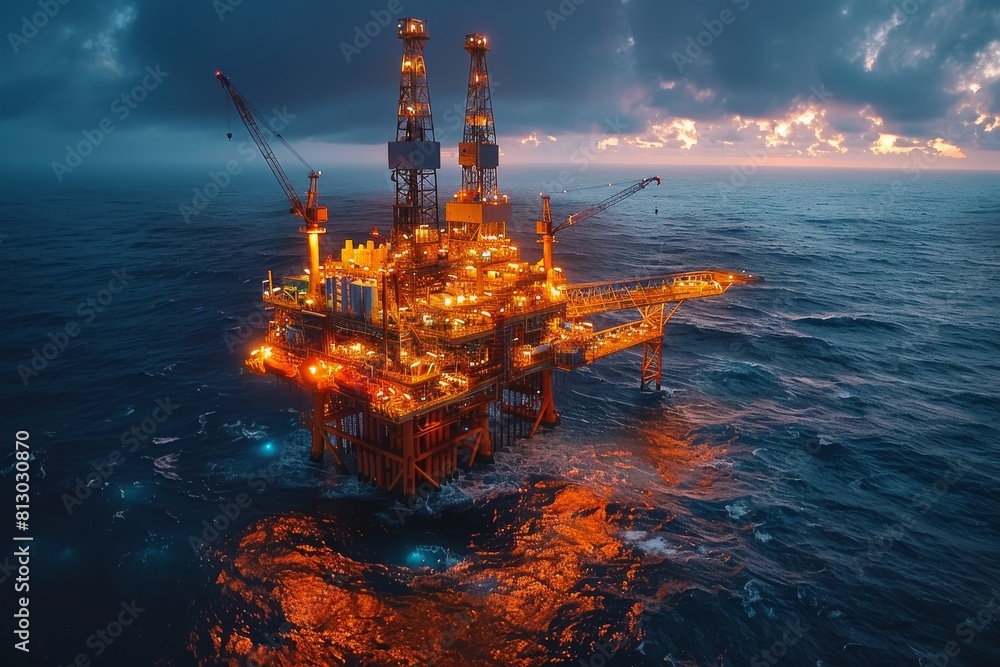A dramatic twilight sky looks upon a complex oil drilling rig standing alone in the churning ocean