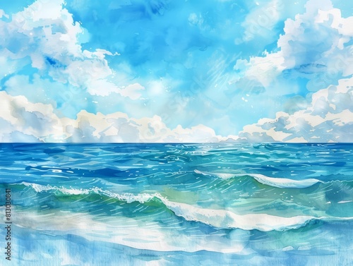 The serene watercolor ocean waves under a sunny sky paint a peaceful banner background  ideal for promoting relaxation and calmness in spa advertisements