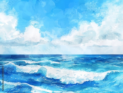 The serene watercolor ocean waves under a sunny sky paint a peaceful banner background, ideal for promoting relaxation and calmness in spa advertisements © JK_kyoto