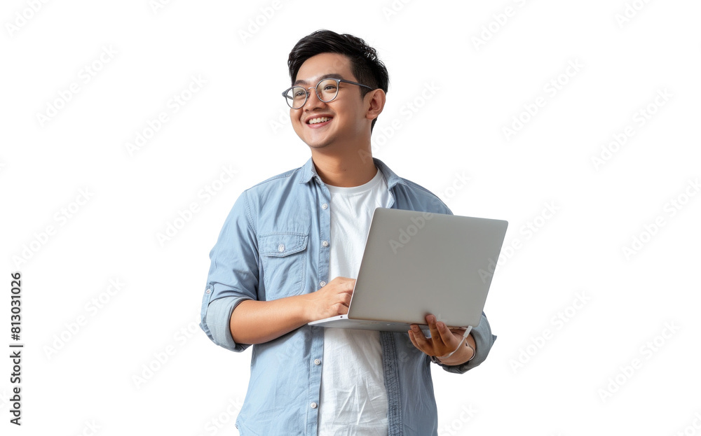 Young Man with Laptop on Transparent Background