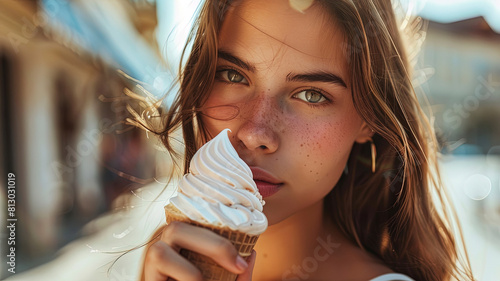 close up of a pretty girl eating ice cream  woman with ice cream  summer scene
