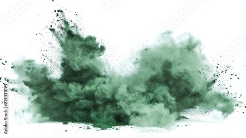 Dry Soil explosion with dirt and cloud smoke. Isolated on white background.Green Dirty ground abstract spread with flying particles