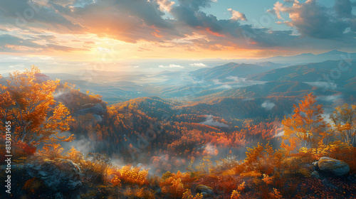Breathtaking Autumn Mountain Vista: A Photo Realistic Tapestry of Autumn Colors across Vast Valley