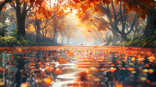 River Reflections: Tranquil Autumn Stream Surrounded by Vibrant Trees, Offering Mesmerizing Photo realistic Views on Adobe Stock Concept