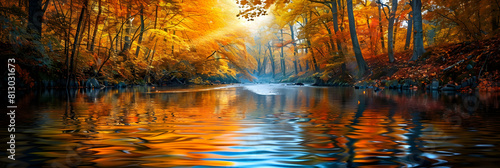 Autumn Serenity: River Reflections Amidst Vibrant Fall Foliage   A serene river runs through a colorful forest, reflecting the full spectrum of autumn hues in a photo realistic con photo