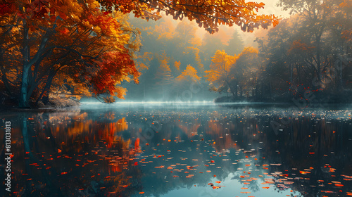 Autumn Serenity by the Lake: Fall colors reflecting in still waters Photo realistic concept capturing vibrant hues of orange and red surrounding a serene lake.