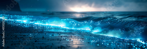 Glowing Paradise: Bioluminescent Beach at Twilight Photo Realistic Concept of Coastline Illuminated by Bioluminescent Waves as Twilight Fades