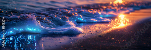 Bioluminescent Beach at Twilight: Twilight Fades, Waves Glow, Coastline Transforms into Paradise