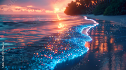 Enchanting Bioluminescent Beach at Twilight: Witness the Magical Transformation of the Coastline into a Glowing Paradise © Gohgah