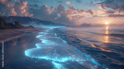 Twilight Bioluminescent Beach: Glowing Waves Transforming Coastline into Paradise Photo Realistic Concept