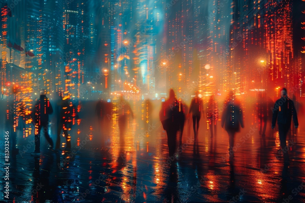 A moody and atmospheric nighttime city scene enhanced by neon lights reflecting on a rain-soaked street, casting silhouettes A moody and atmospheric nighttime city scene enhanced by neon lights reflecting on a rain-soaked street, casting silhouettes