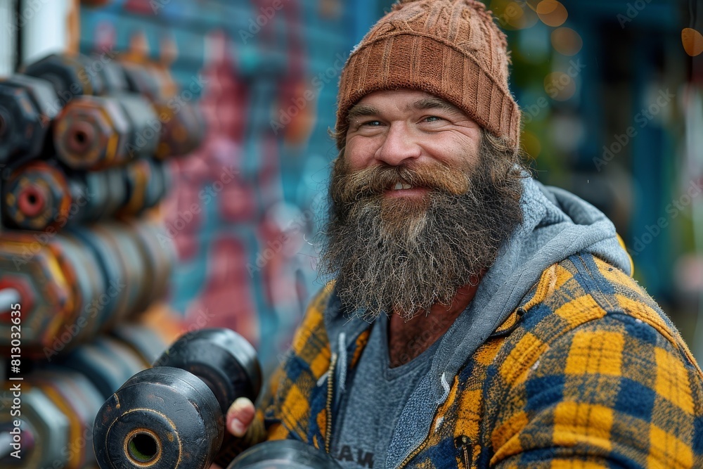 A rugged man in a beanie holds weights at the gym, showcasing his tattoos and a cheerful disposition A rugged man in a beanie holds weights at the gym, showcasing his tattoos and a cheerful disposition