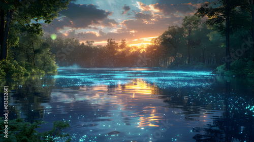 Dusk Glow: Surreal Bioluminescent Lagoon   A Tranquil Evening Setting for Serenity and Relaxation