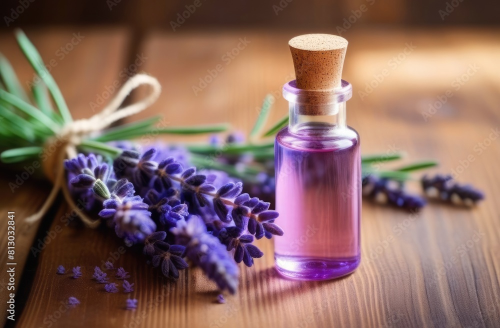 a small transparent glass bottle of lavender oil on a wooden table, a fresh bouquet of lavender, a bunch of purple flowers, eco-friendly medicinal solution, sunny day a small transparent glass bottle of lavender oil on a wooden table, a fresh bouquet of lavender, a bunch of purple flowers, eco-friendly medicinal solution, sunny day