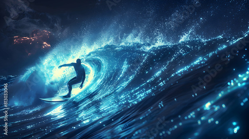 Surfers Ride Glowing Waves under Night Sky, Leaving Trails of Light in Bioluminescent Sea   Photo Realistic Concept on Adobe Stock © Gohgah