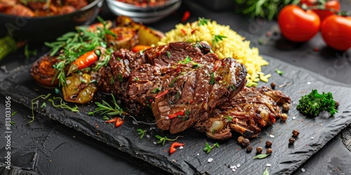 Turkish Kuzu Tandir on a slate plate, Slow-roasted lamb marinated in herbs and spices, Tender and succulent meat served with pilaf and roasted vegetables photo