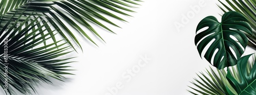 Tropical leaves on white background. Flat lay  top view. Palm and monstera