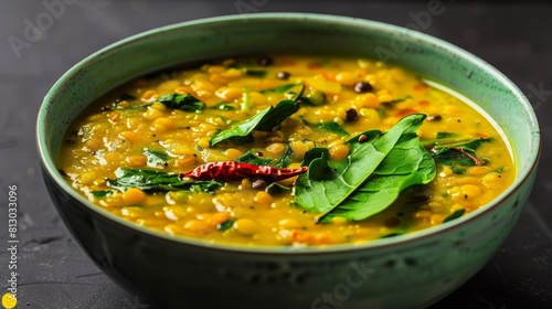 A bowl of Basale Soppu Sambar (Malabar spinach sambar), a traditional South Indian stew known for its vibrant color and fragrant spices.