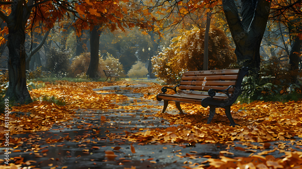 Tranquil City Park in Autumn: Urban Oasis with Fallen Leaves, Benches, and Paths in Vibrant Fall Colors   Photo Realistic Stock Concept