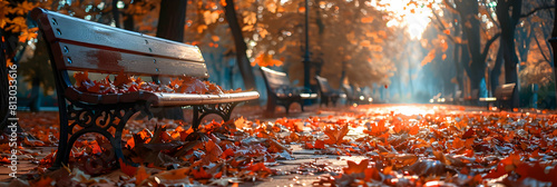 Tranquil City Park in Autumn: Peaceful Benches and Paths Blanketed with Fallen Leaves, Urban Oasis in Fall Colors Photo Realistic Stock Concept