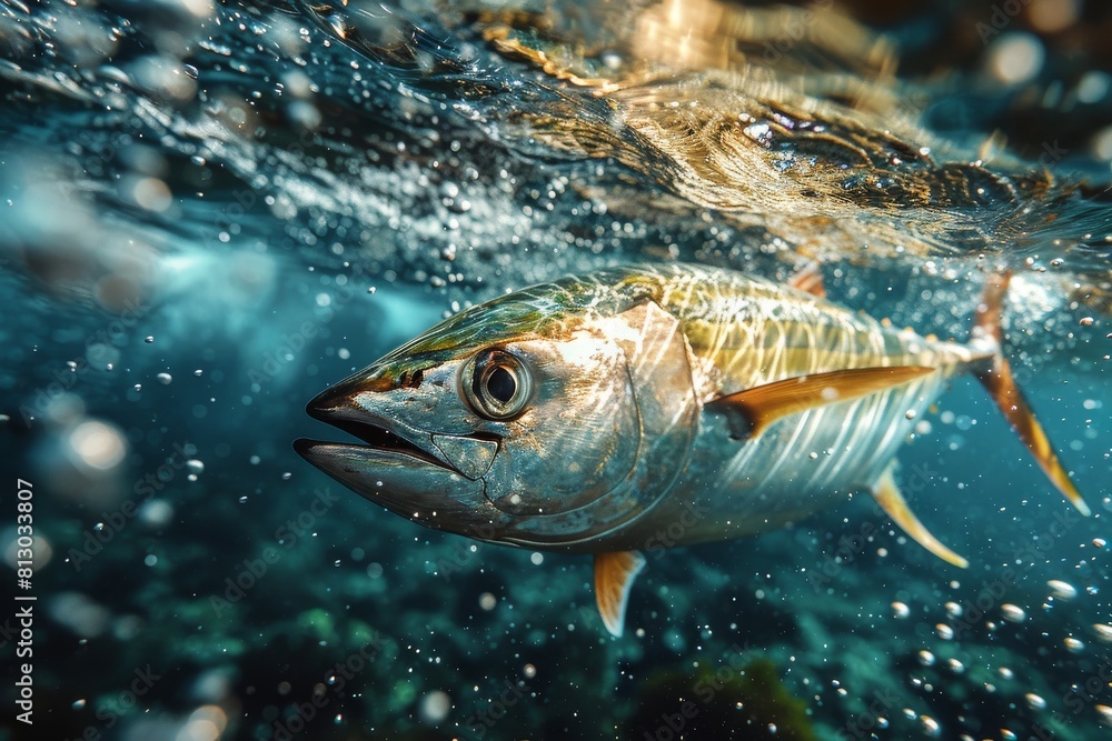 This underwater photograph captures the intricate details of a tuna fish with bubbling water around it in its ocean habitat This underwater photograph captures the intricate details of a tuna fish with bubbling water around it in its ocean habitat