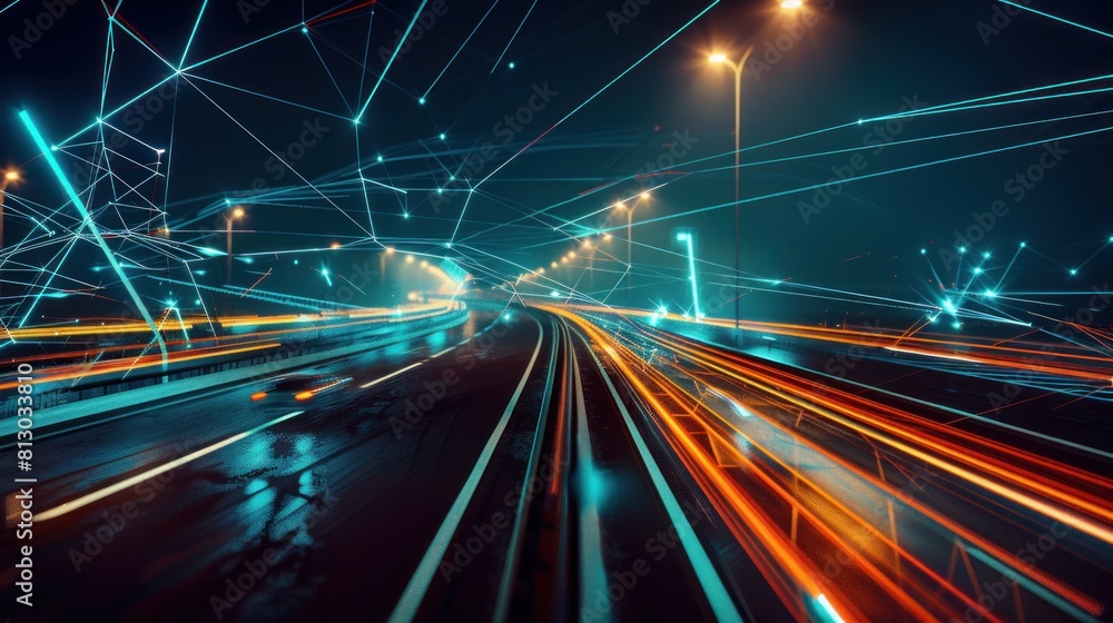 The impact of car headlights on the expressway. Low-poly construction of fine lines. Blue background The impact of car headlights on the expressway. Low-poly construction of fine lines. Blue background
