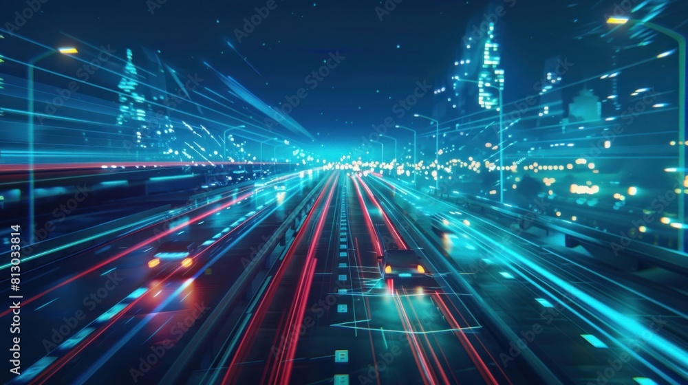 The impact of car headlights on the expressway. Low-poly construction of fine lines. Blue background The impact of car headlights on the expressway. Low-poly construction of fine lines. Blue background