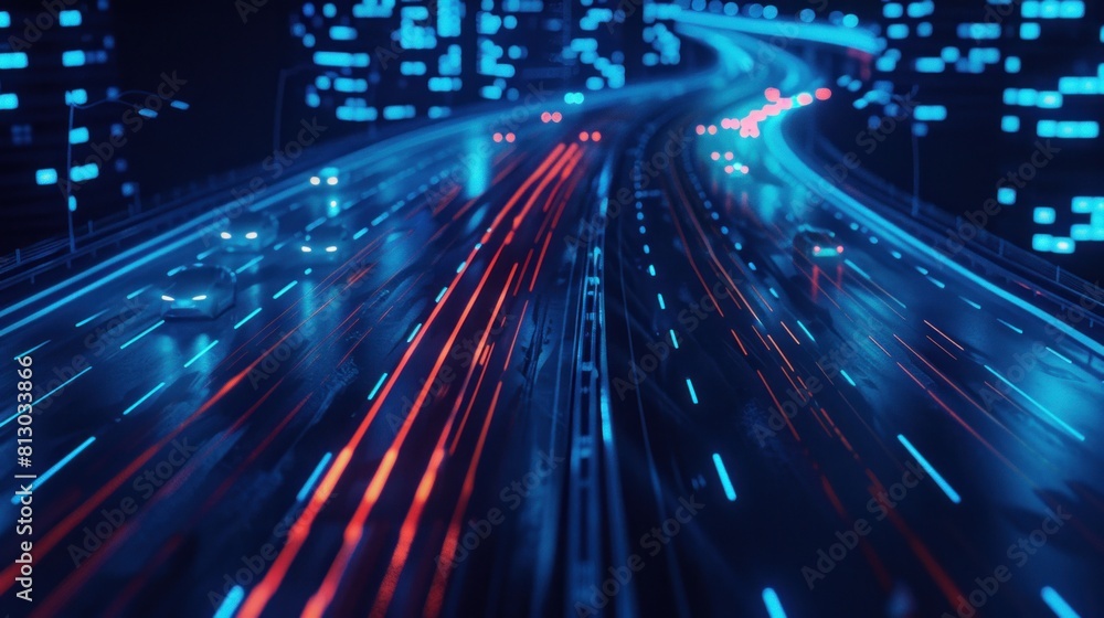 The impact of car headlights on the expressway. Low-poly construction of fine lines. Blue background The impact of car headlights on the expressway. Low-poly construction of fine lines. Blue background
