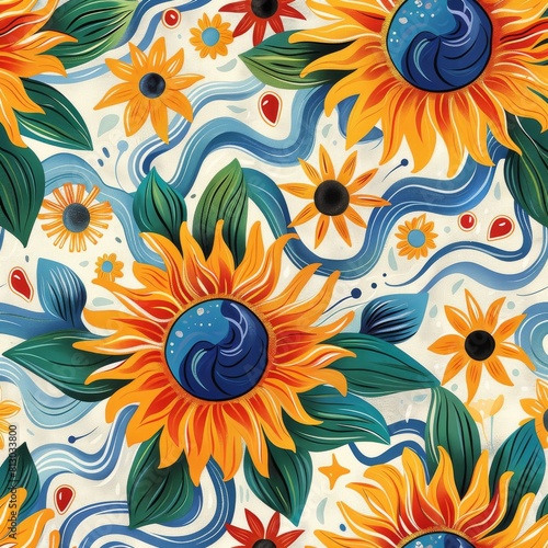 A colorful floral pattern with suns and leaves