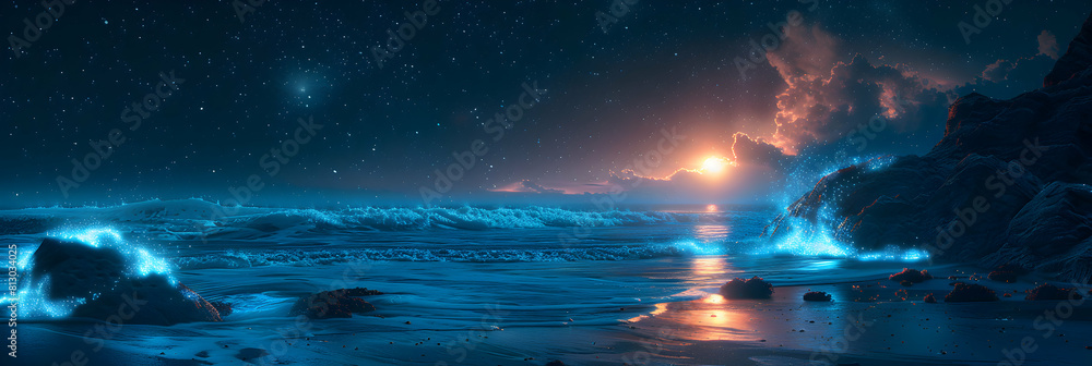 Enchanting Coastal Rocks illuminated by Bioluminescence in Otherworldly Landscape   Photo Stock Concept