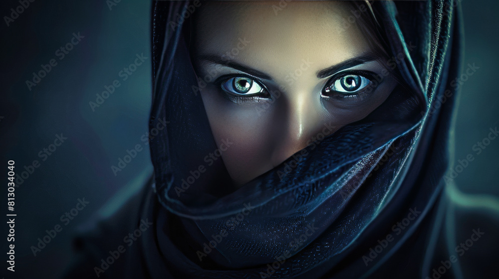 Naklejka premium A closeup portrait of a mysterious young woman looking at camera