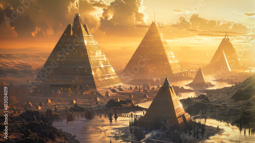 Alien pyramid structures in a majestic ancient alien city