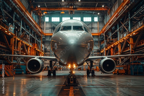 Direct frontal shot of a grounded airplane undergoing meticulous maintenance checks in a spacious aircraft hangar facility