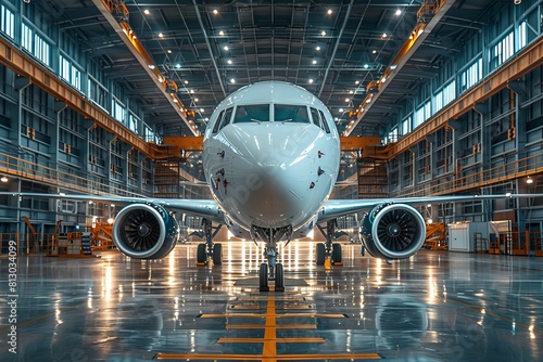 The imposing frontal view of a pristine airplane poised for departure, capturing its elegant design in a high-tech hangar