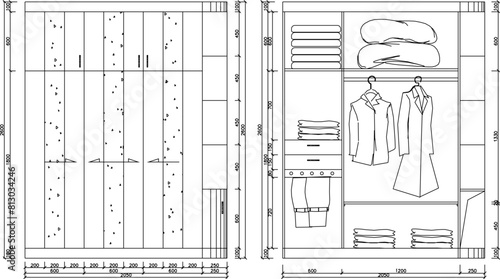 Vector sketch illustration of design for clothes cupboard furniture for home interior with size scale