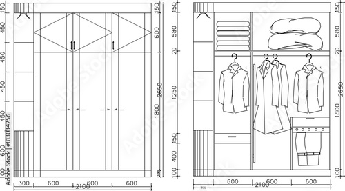 Vector sketch illustration of design for clothes cupboard furniture for home interior with size scale