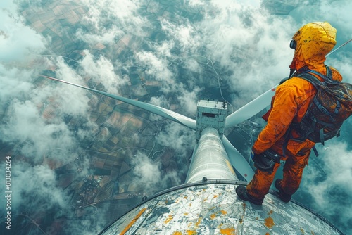 A maintenance technician overlooks a foggy landscape from the top of a gigantic wind turbine blade