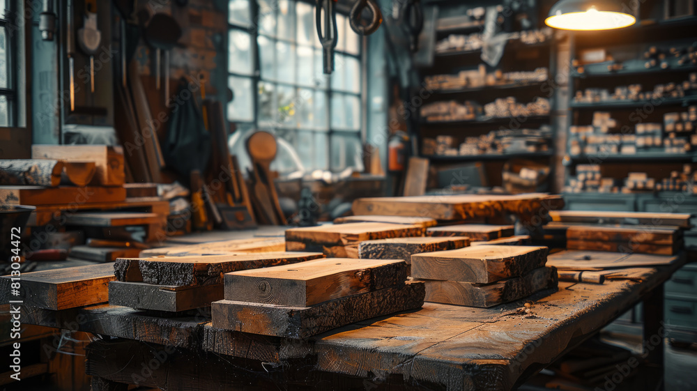 A carpentry workshop with wood and tools. A carpentry workshop with wood and tools.
