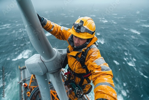 A service technician is working on the maintenance of a wind turbine amidst choppy ocean waters
