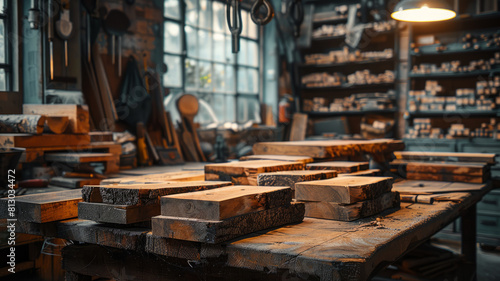 A carpentry workshop with wood and tools.