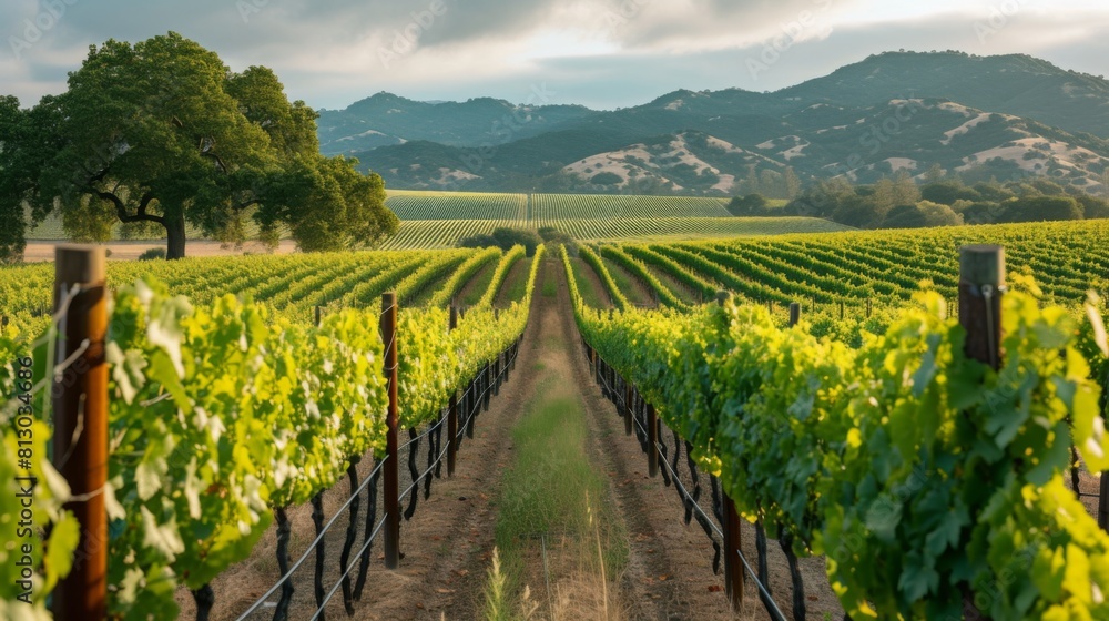 Naklejka premium Vineyard is located against a backdrop of hills and mountains