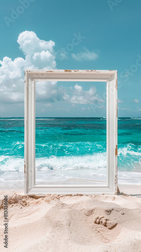 A white picture frame against a beach with white sand and blue waves