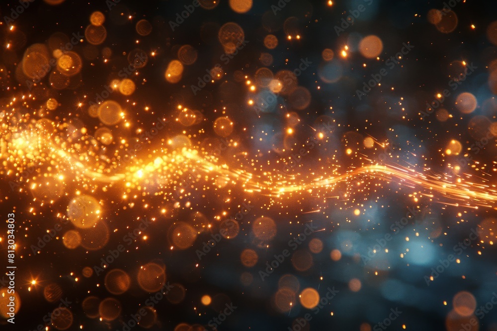 Beautifully rendered golden particles flowing with bokeh effect creating a sense of motion and energy Beautifully rendered golden particles flowing with bokeh effect creating a sense of motion and energy