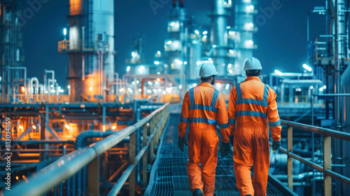 Two oil and gas workers on an industrial platform