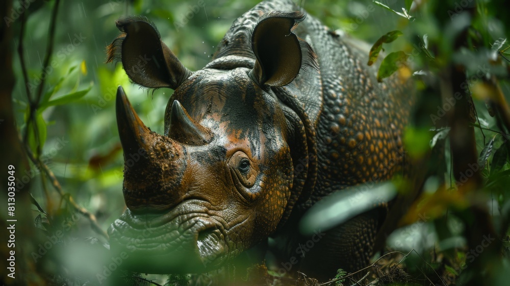 Obraz premium The image shows a Sumatran rhinoceros in the jungle