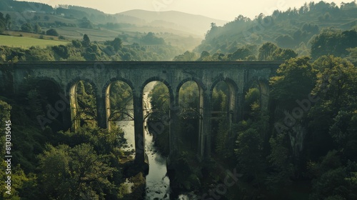 The image shows a stone viaduct with ten arches crossing a river in a valley. The viaduct is surrounded by green hills and trees. photo