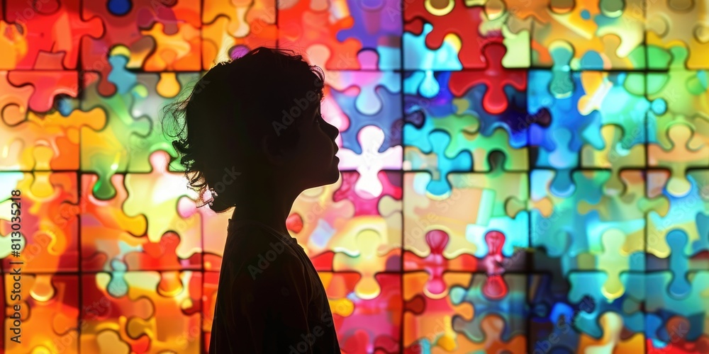 Fototapeta premium Autistic Pride Day, World Autism Awareness, silhouette of a little boy on the background of a multi-colored puzzle wall, side view, rainbow background of puzzle details